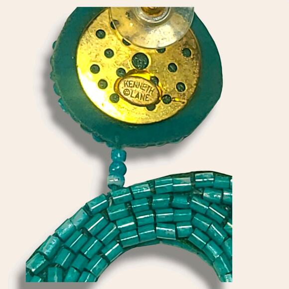 Kenneth J Lane KJL Turquoise Seed Bead Round Gypsy Hoop Drops Pierced Earrings - Picture 8 of 8